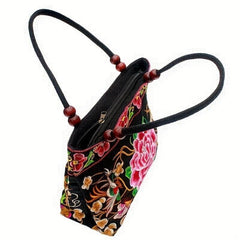 Flower Embroidery Canvas Handbag Women's Beads Decor Ethnic Style Tote Bag