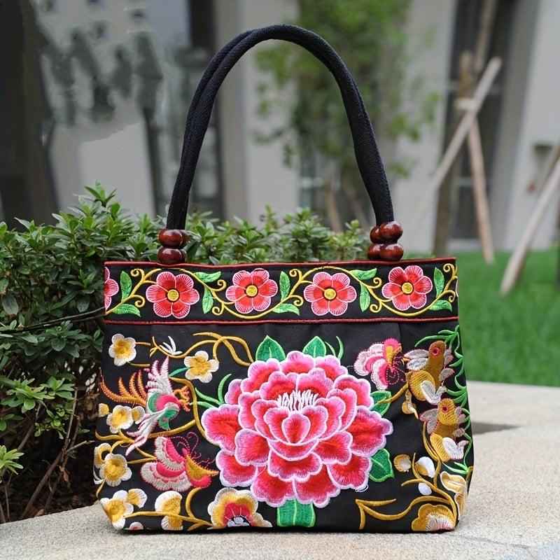 Flower Embroidery Canvas Handbag Women's Beads Decor Ethnic Style Tote Bag