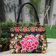 Flower Embroidery Canvas Handbag Women's Beads Decor Ethnic Style Tote Bag
