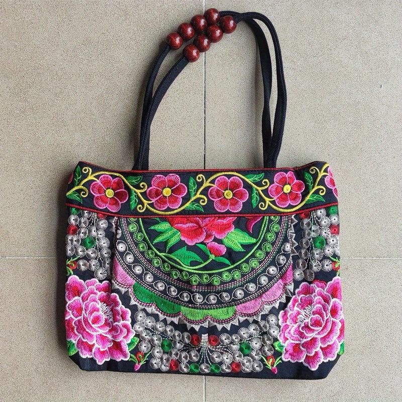 Flower Embroidery Canvas Handbag Women's Beads Decor Ethnic Style Tote Bag