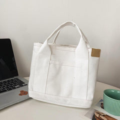 Mini Canvas Bucket Handbag Solid Satchel Bag With Pocket Patch