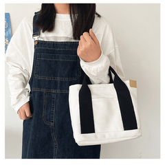 Mini Canvas Bucket Handbag Solid Satchel Bag With Pocket Patch