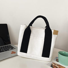 Mini Canvas Bucket Handbag Solid Satchel Bag With Pocket Patch