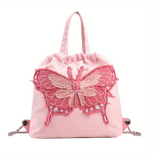 Butterfly Pattern Canvas Drawstring Backpack Y2K Lightweight Rucksack