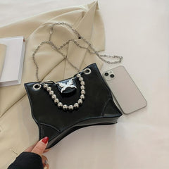 Metal Chain Butterfly Decor PU Leather Baguette Bag