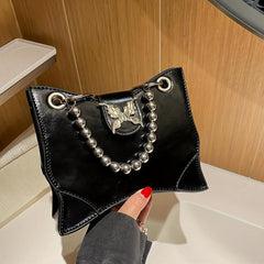 Metal Chain Butterfly Decor PU Leather Baguette Bag
