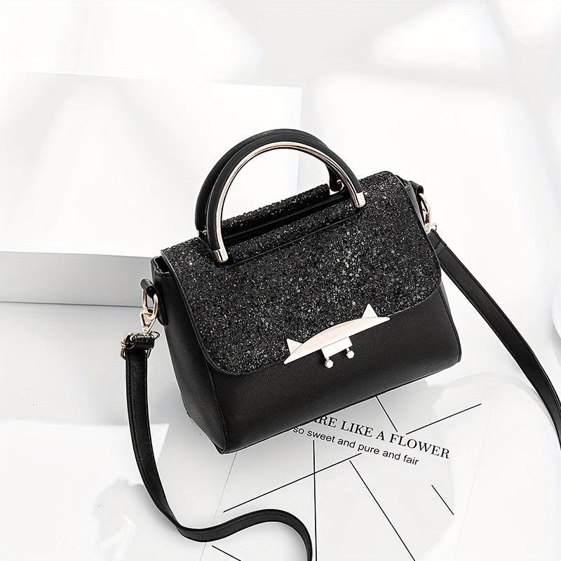 Glitter Decor Square Satchel Bag Flap Crossbody Bag