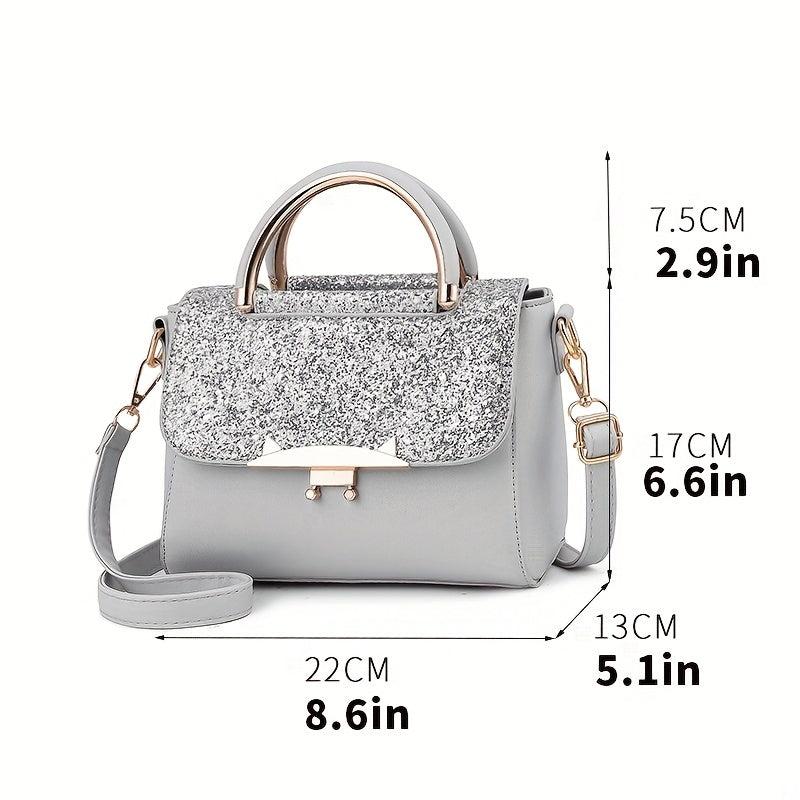 Glitter Decor Square Satchel Bag Flap Crossbody Bag