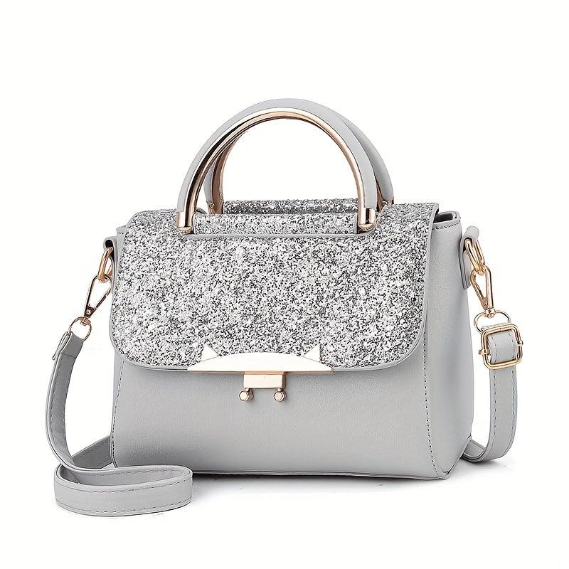 Glitter Decor Square Satchel Bag Flap Crossbody Bag