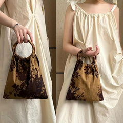 Retro Camellia Pattern Satchel Bag Lightweight Classic Handbag