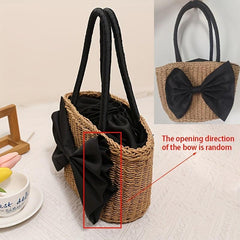 Chic Bowknot Satchel Straw Handbag Drawstring Summer Storage Bag
