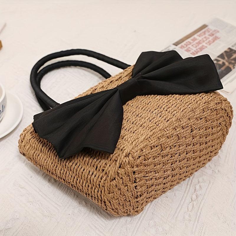 Chic Bowknot Satchel Straw Handbag Drawstring Summer Storage Bag
