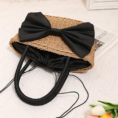 Chic Bowknot Satchel Straw Handbag Drawstring Summer Storage Bag