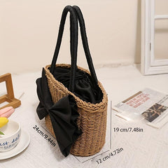 Chic Bowknot Satchel Straw Handbag Drawstring Summer Storage Bag