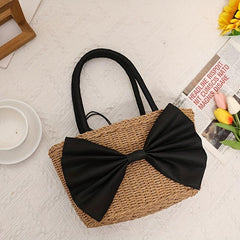Chic Bowknot Satchel Straw Handbag Drawstring Summer Storage Bag