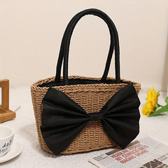 Chic Bowknot Satchel Straw Handbag Drawstring Summer Storage Bag