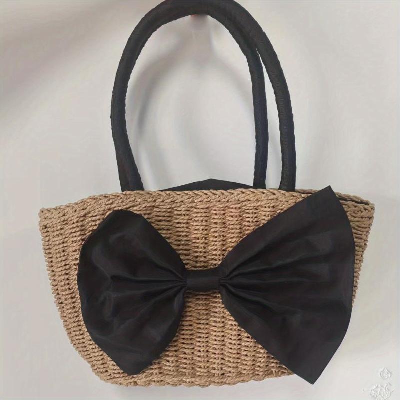 Chic Bowknot Satchel Straw Handbag Drawstring Summer Storage Bag