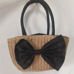 Chic Bowknot Satchel Straw Handbag Drawstring Summer Storage Bag