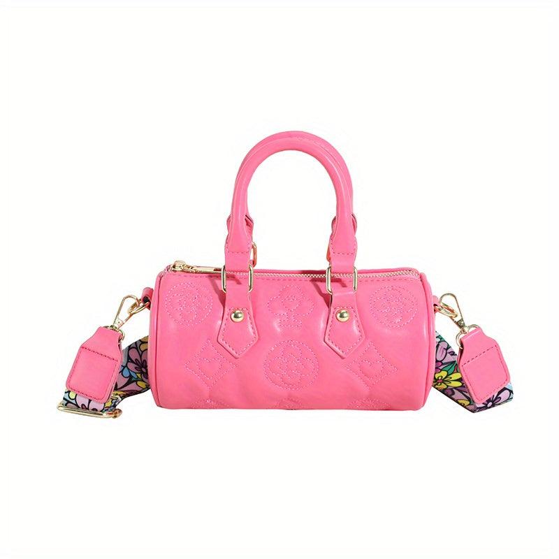 Flower Print Embossed Barrel Bag Stylish Shoulder Purse & Handbag