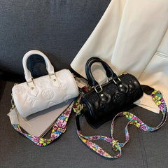 Flower Print Embossed Barrel Bag Stylish Shoulder Purse & Handbag