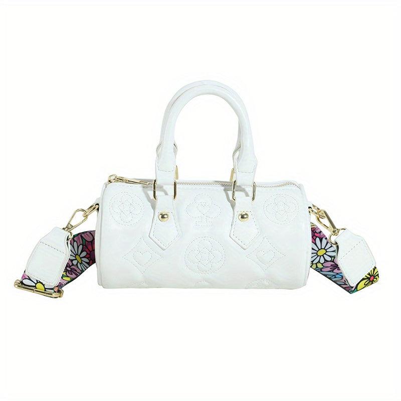 Flower Print Embossed Barrel Bag Stylish Shoulder Purse & Handbag