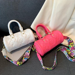 Flower Print Embossed Barrel Bag Stylish Shoulder Purse & Handbag