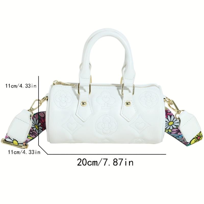 Flower Print Embossed Barrel Bag Stylish Shoulder Purse & Handbag