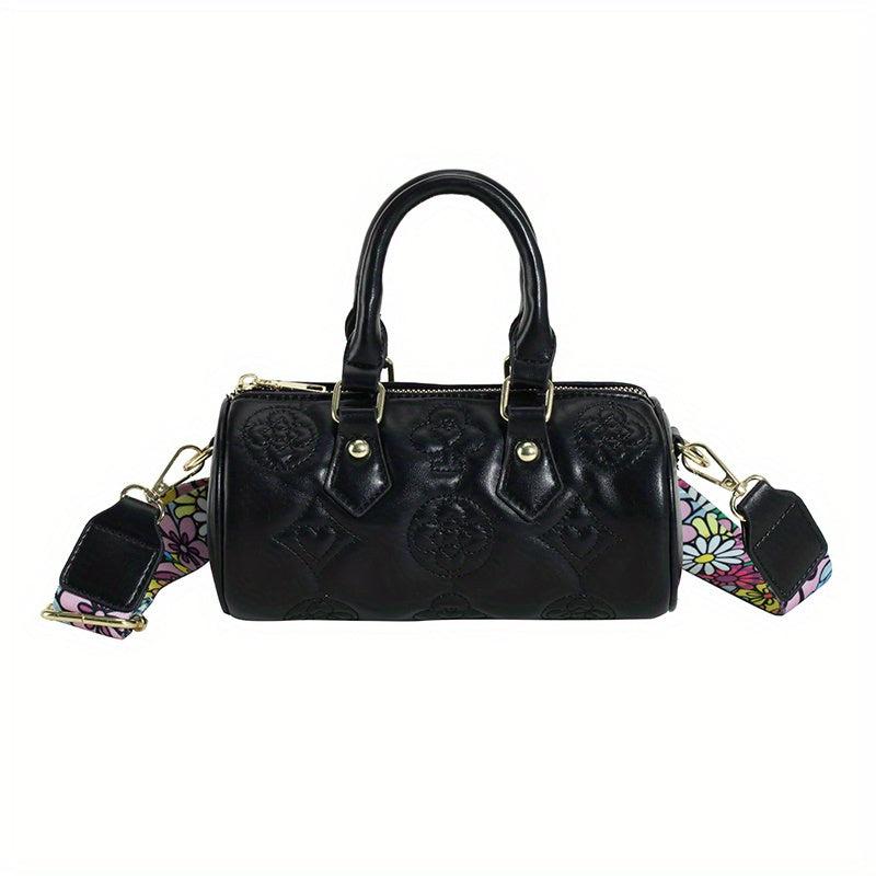 Flower Print Embossed Barrel Bag Stylish Shoulder Purse & Handbag