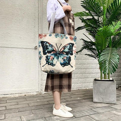 Butterfly Embroidery Tote Bag Ethnic Style Canvas Handbags Large Shoulder Bag