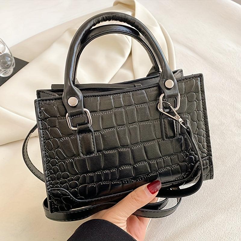 Crocodile Embossed Portable Shoulder Bag Top Handle Zipper Handbag