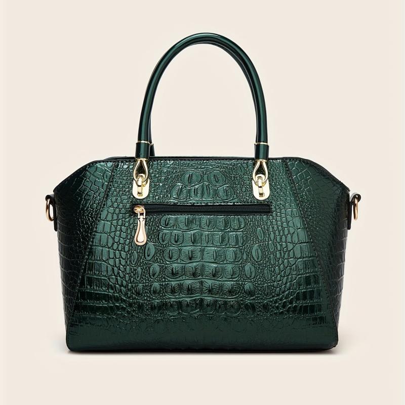 Crocodile Embossed Patent Leather Shoulder Bag Double Handle Tote Handbag