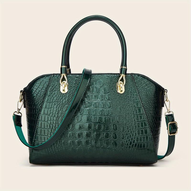 Crocodile Embossed Patent Leather Shoulder Bag Double Handle Tote Handbag