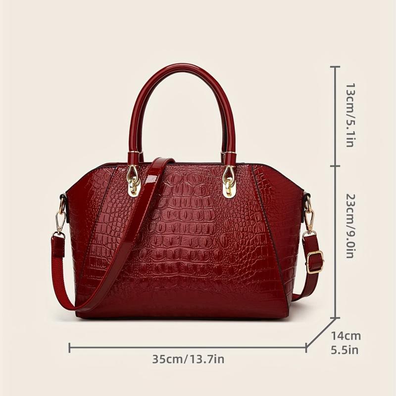 Crocodile Embossed Patent Leather Shoulder Bag Double Handle Tote Handbag