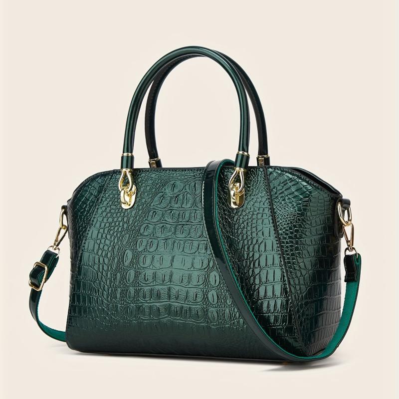 Crocodile Embossed Patent Leather Shoulder Bag Double Handle Tote Handbag