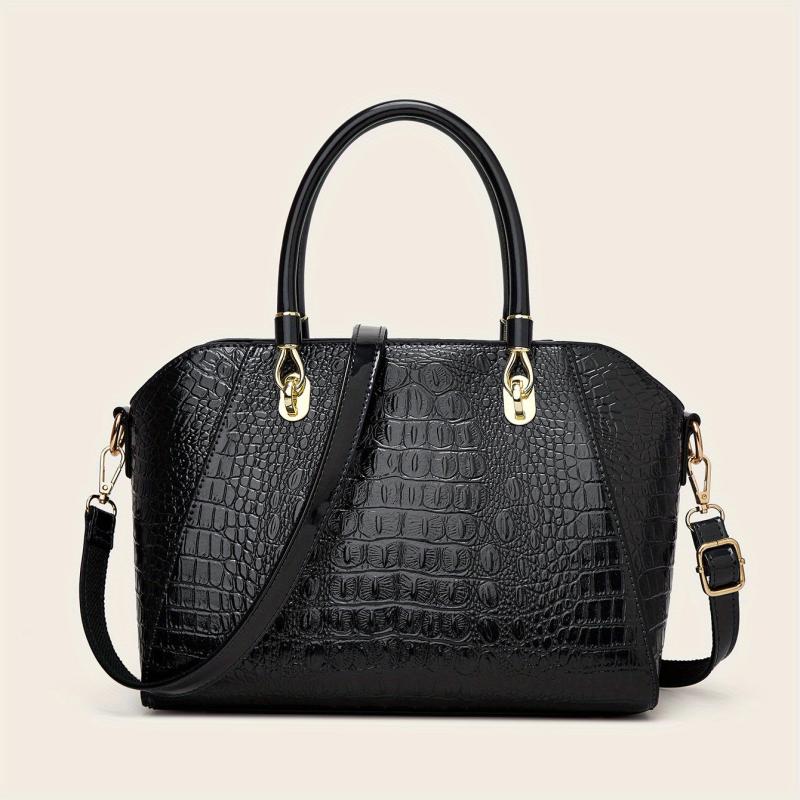 Crocodile Embossed Patent Leather Shoulder Bag Double Handle Tote Handbag