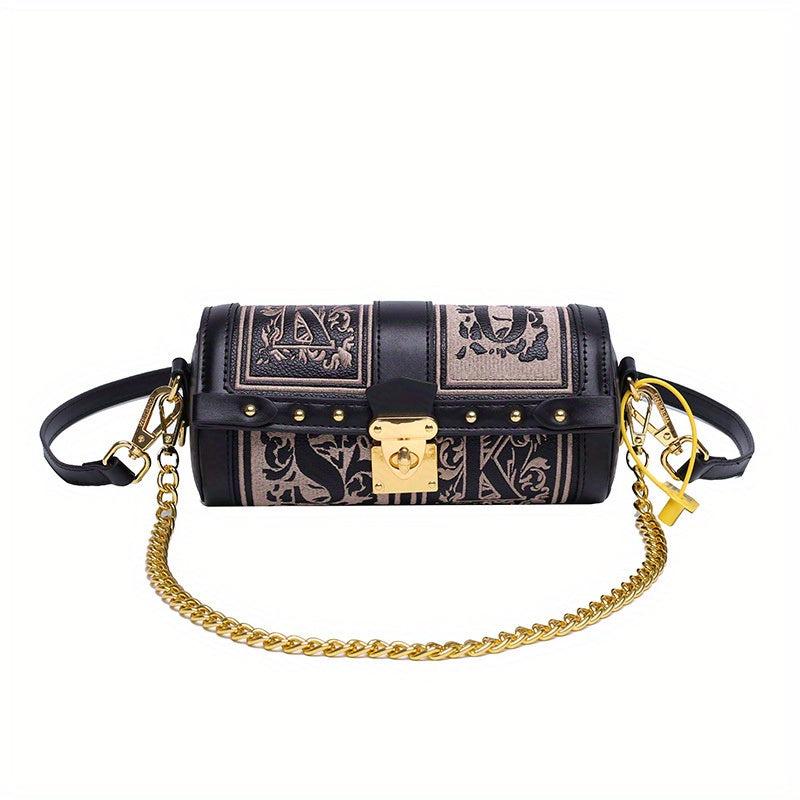 Vintage Metal Chain Crossbody Cylinder Bag PU Leather Textured Underarm Bag