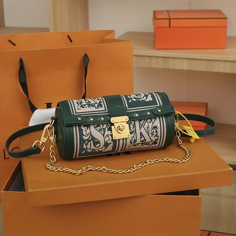 Vintage Metal Chain Crossbody Cylinder Bag PU Leather Textured Underarm Bag