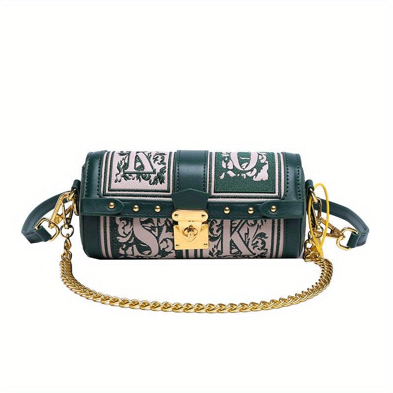Vintage Metal Chain Crossbody Cylinder Bag PU Leather Textured Underarm Bag