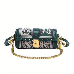 Vintage Metal Chain Crossbody Cylinder Bag PU Leather Textured Underarm Bag