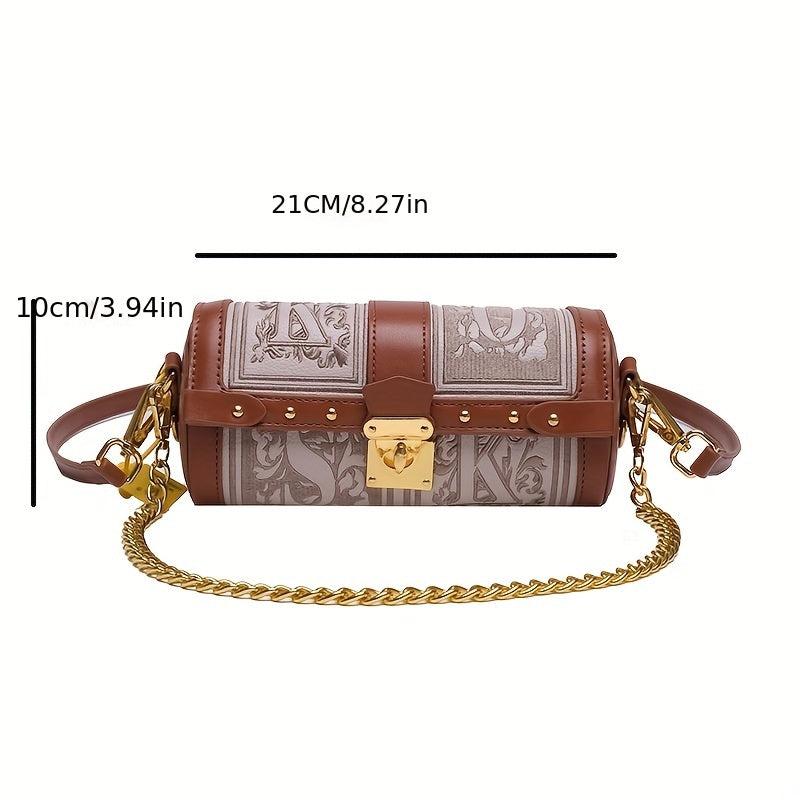 Vintage Metal Chain Crossbody Cylinder Bag PU Leather Textured Underarm Bag