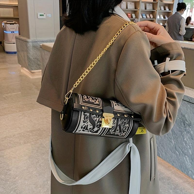 Vintage Metal Chain Crossbody Cylinder Bag PU Leather Textured Underarm Bag