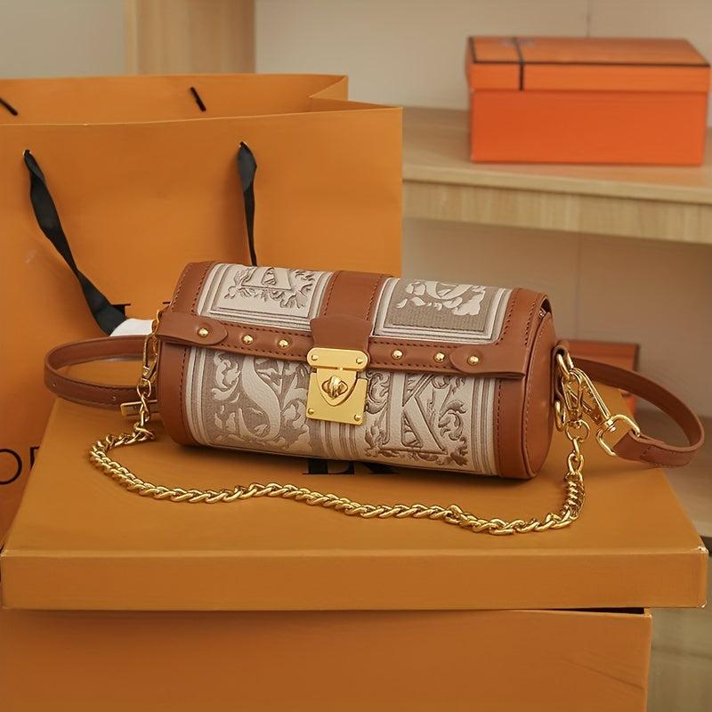 Vintage Metal Chain Crossbody Cylinder Bag PU Leather Textured Underarm Bag