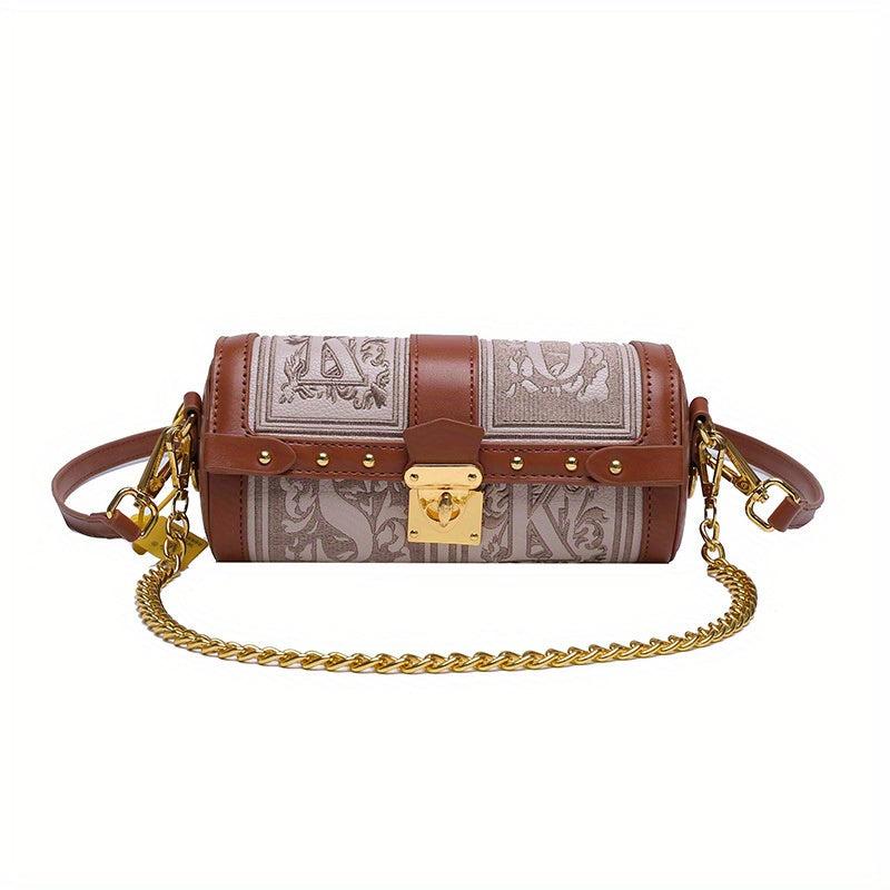 Vintage Metal Chain Crossbody Cylinder Bag PU Leather Textured Underarm Bag