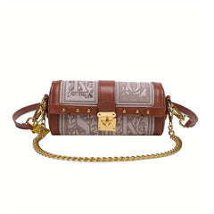 Vintage Metal Chain Crossbody Cylinder Bag PU Leather Textured Underarm Bag