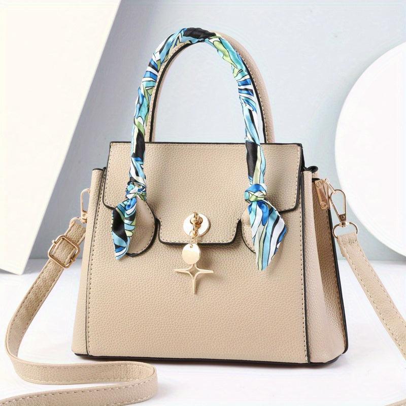 Scarf Decor Top Handle Tote Bag PU Leather Textured Shoulder Bag