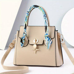 Scarf Decor Top Handle Tote Bag PU Leather Textured Shoulder Bag