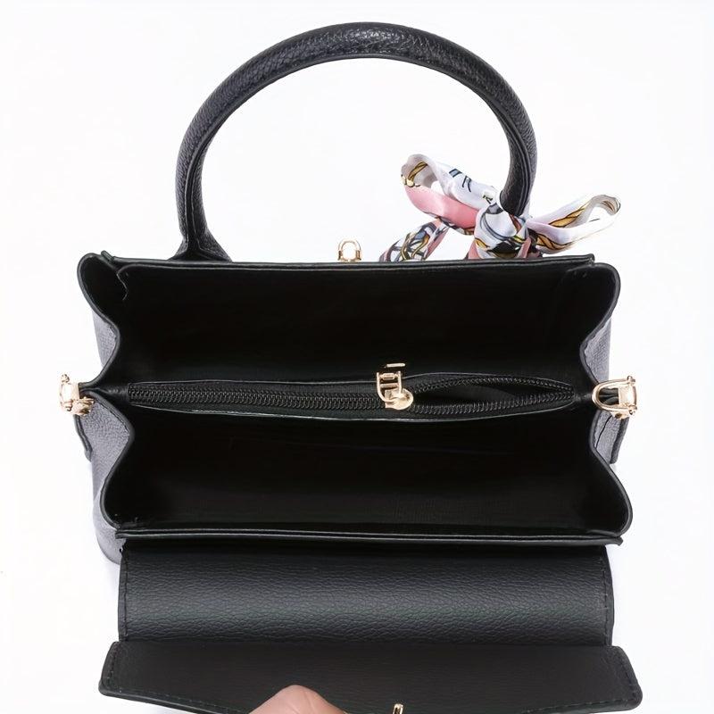 Scarf Decor Top Handle Tote Bag PU Leather Textured Shoulder Bag