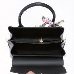 Scarf Decor Top Handle Tote Bag PU Leather Textured Shoulder Bag