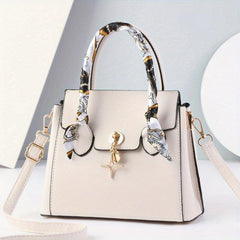 Scarf Decor Top Handle Tote Bag PU Leather Textured Shoulder Bag