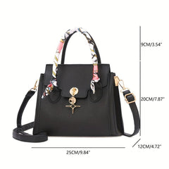 Scarf Decor Top Handle Tote Bag PU Leather Textured Shoulder Bag